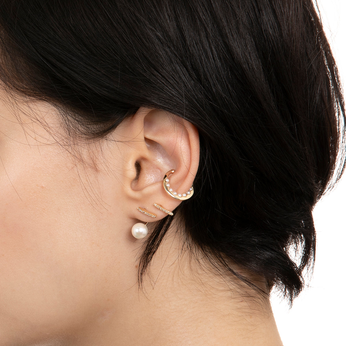 Diamond Short Bar Earring with Akoya Pearl Backing