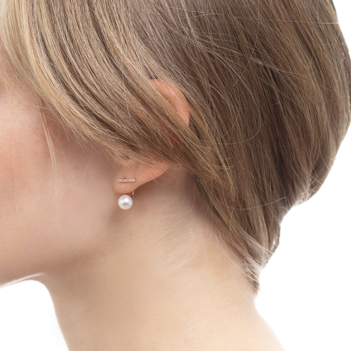 Diamond Short Bar Earring with Akoya Pearl Backing