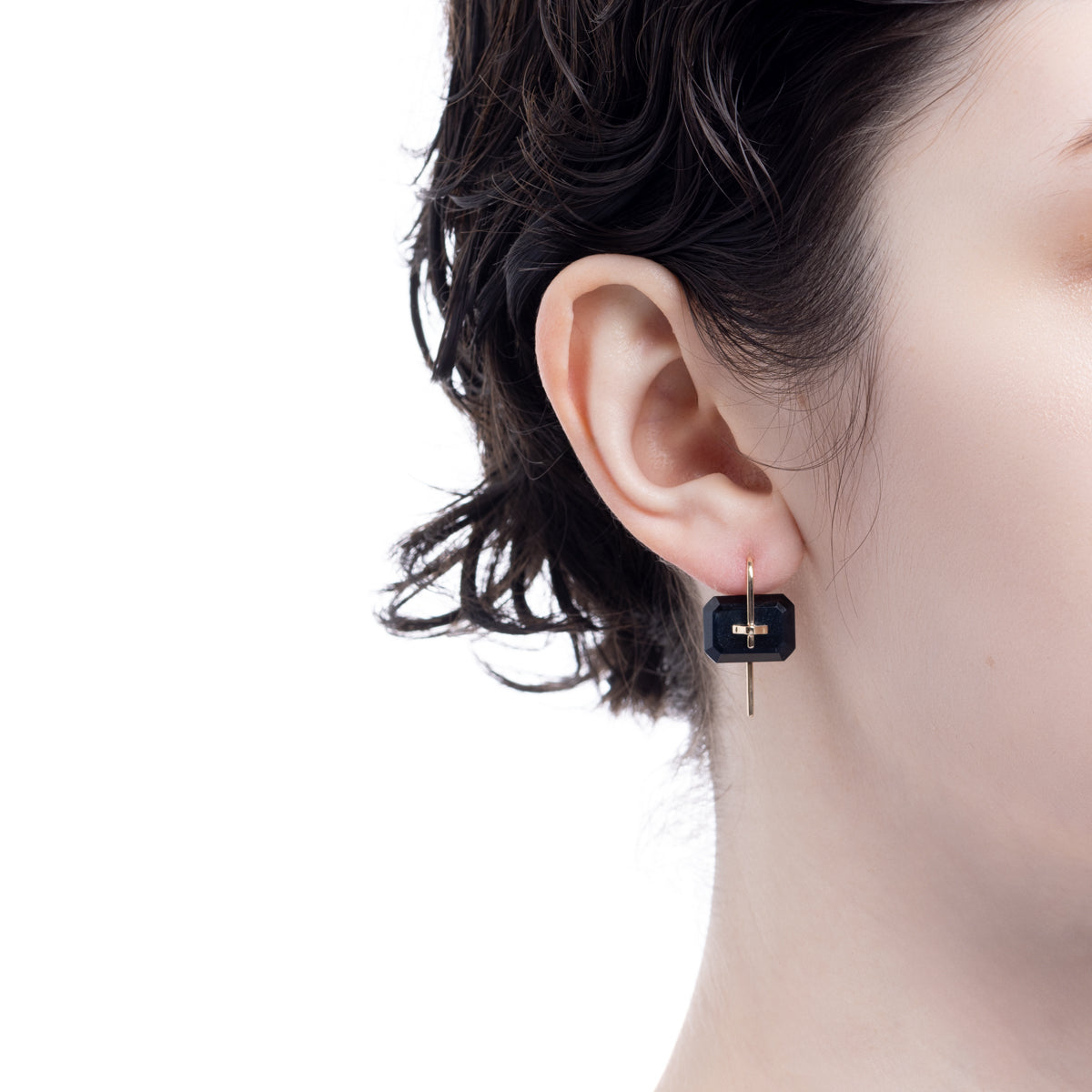 BIRD OF PARADISE Naked Rectangle Stone Hook Earring, Blue Tiger's eye