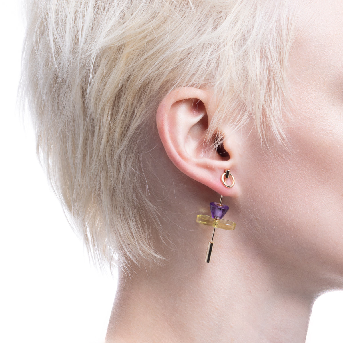 SPEAR Door Knocker Earring  Large size,  Lemon Quartz & Amethyst