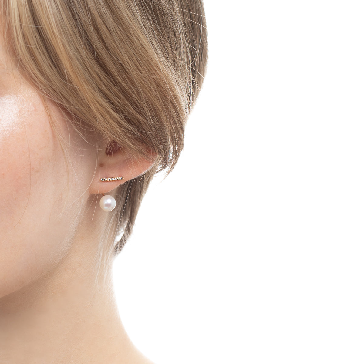 Diamond Short Bar Earring with Akoya Pearl Backing