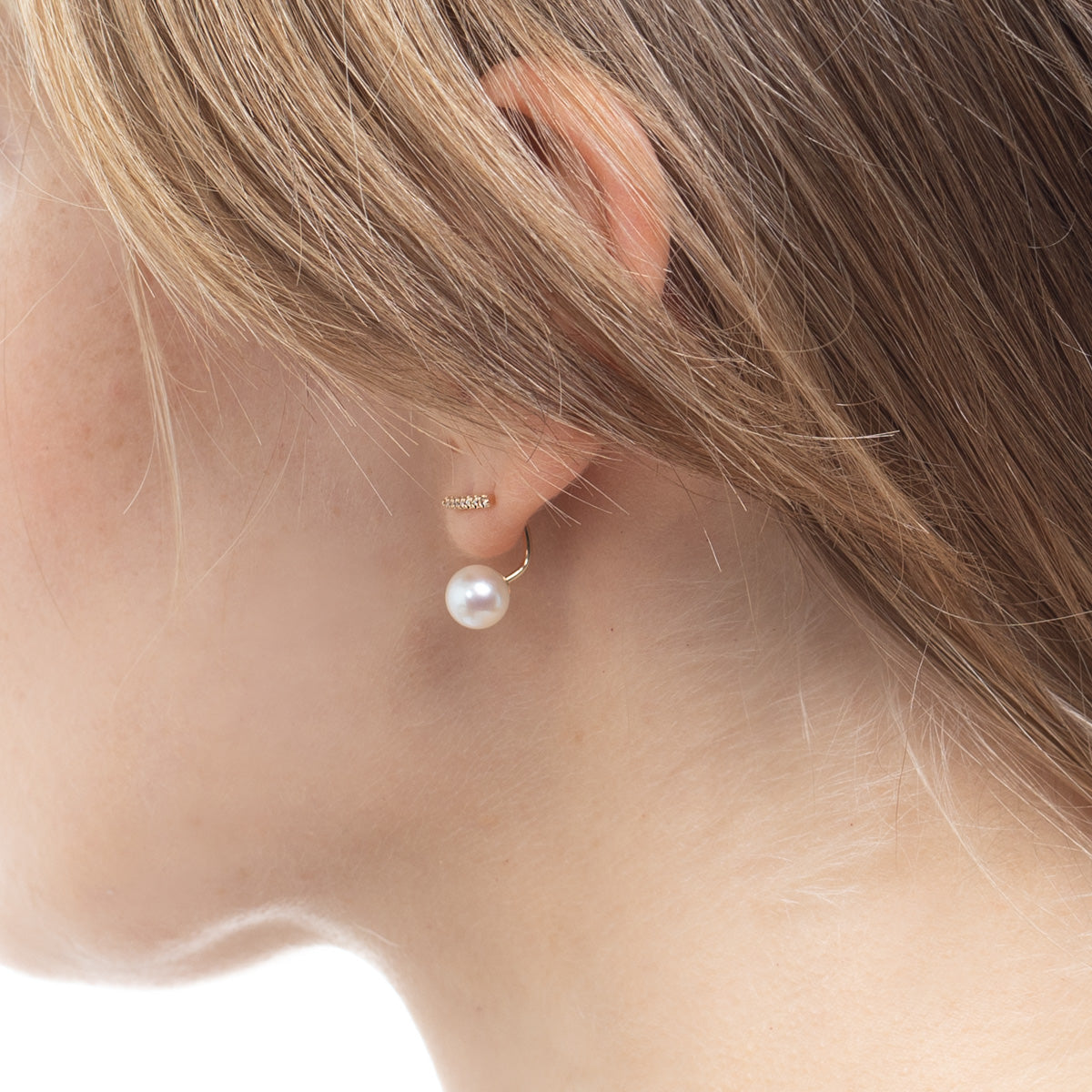 Diamond Short Bar Earring with Akoya Pearl Backing